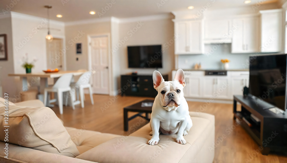 A Modern living room with beige sofa and a white French Bulldog sitting on it. A Modern living room with beige sofa and a white French Bulldog sitting on it.