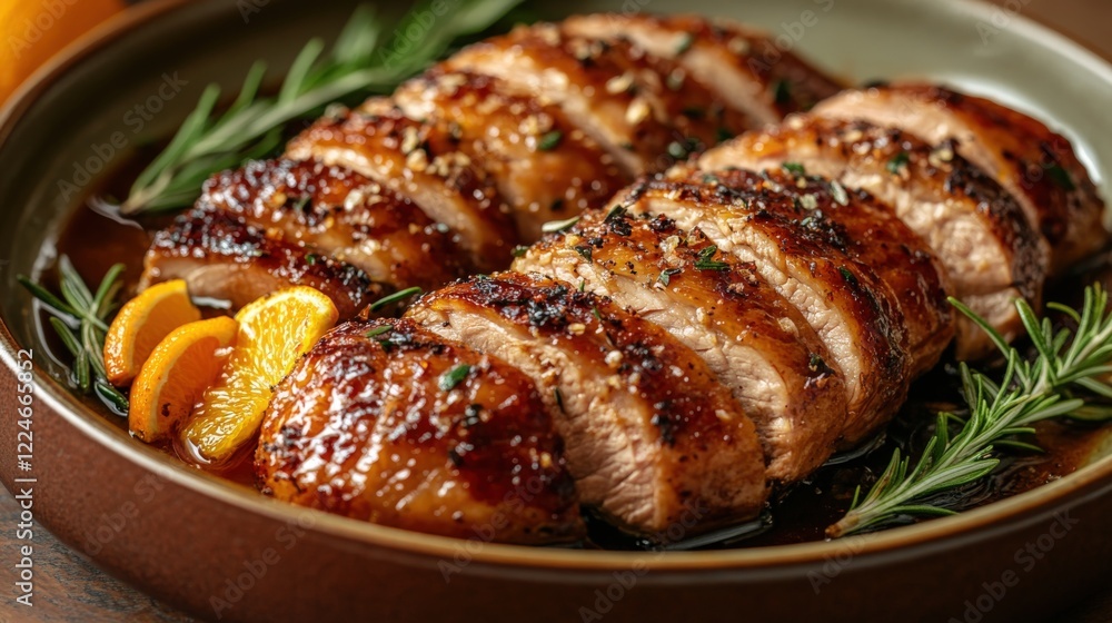 Tender roasted duck served with orange zest and rosemary in natural light Tender roasted duck served with orange zest and rosemary in natural light