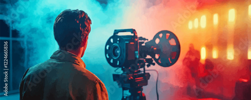 Vector design of film production set with cinematic camera and colorful lighting.