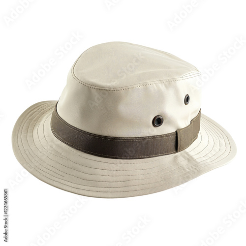 Beige safari hat with brown leather strap isolated on white or transparent, PNG photo