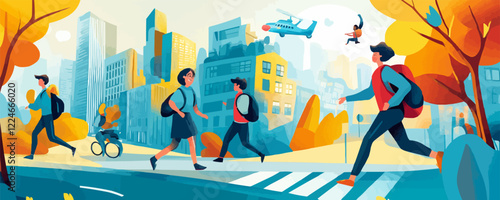 Vibrant urban autumn vector scene with people and helicopter.