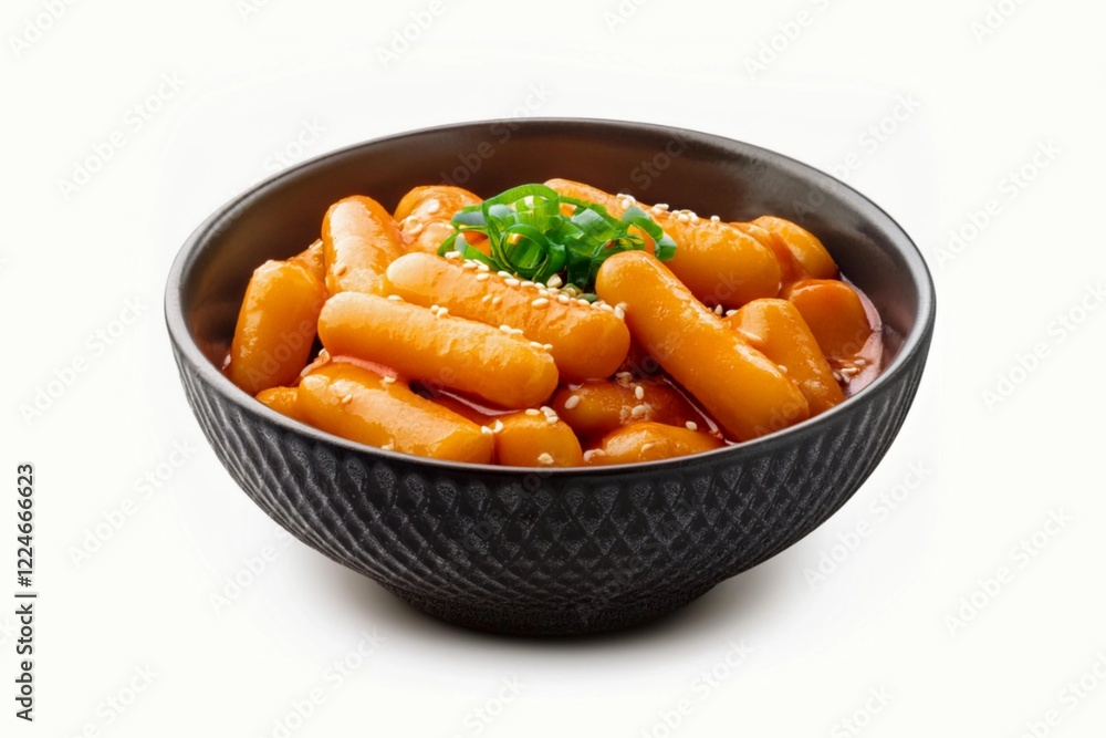 Spicy Tteokbokki served in a bowl isolated on white background with clapping path full of depth Spicy Tteokbokki served in a bowl isolated on white background with clapping path full of depth