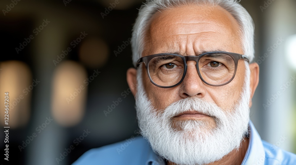 Elderly caucasian male with glasses and white beard in thoughtful expression Elderly caucasian male with glasses and white beard in thoughtful expression