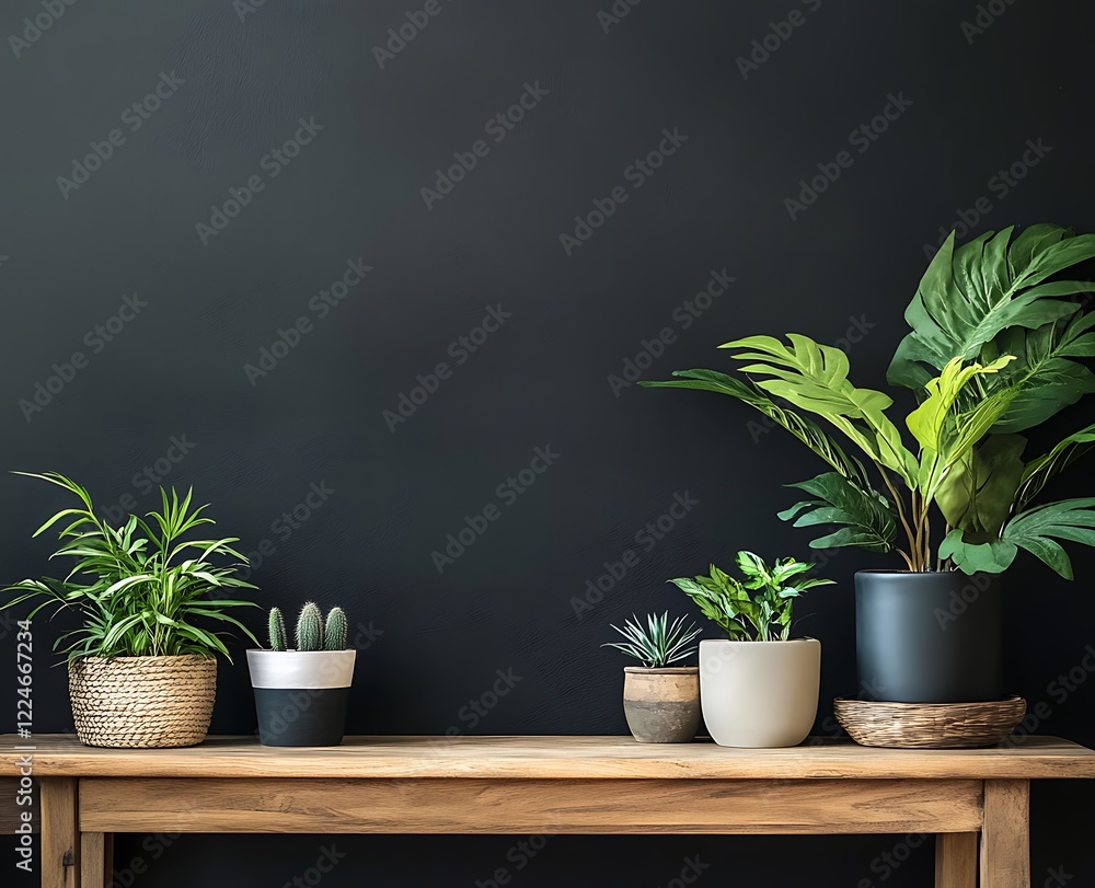 A minimalist room with a black wall as a backdrop, a blank canvas mockup in focus, a wooden console table below with decor such as pottery and plants, showcasing a modern home office vibe A minimalist room with a black wall as a backdrop, a blank canvas mockup in focus, a wooden console table below with decor such as pottery and plants, showcasing a modern home office vibe