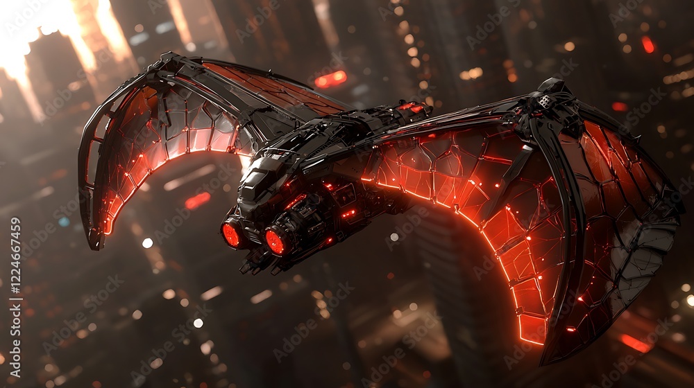 © adniluy - Futuristic spaceship flying over city at sunset; sci-fi background, concept art