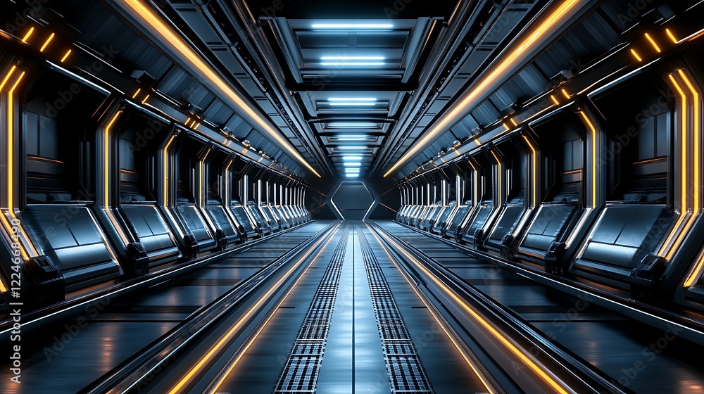 Futuristic spaceship corridor with neon lighting Futuristic spaceship corridor with neon lighting