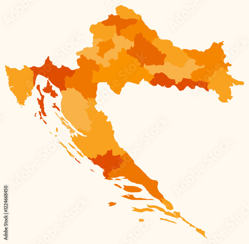 Map of Croatia with regions. A simple country border map with regional division in an orange color palette. Flat design vector illustration.