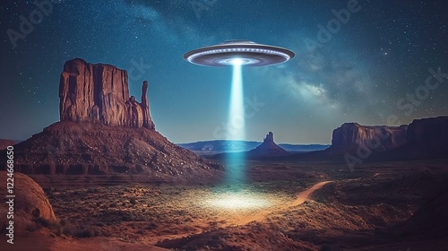 Nighttime desert with rock formations, star-filled sky, and UFO emitting bright blue beam of light