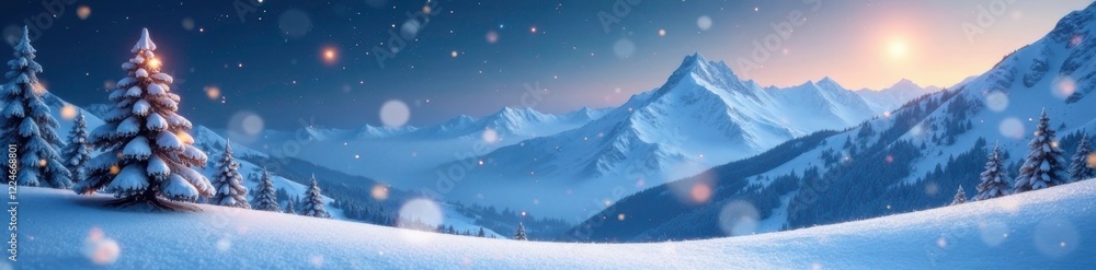 Sparkling snowflakes falling on a snowy mountain landscape, festive, peaceful Sparkling snowflakes falling on a snowy mountain landscape, festive, peaceful
