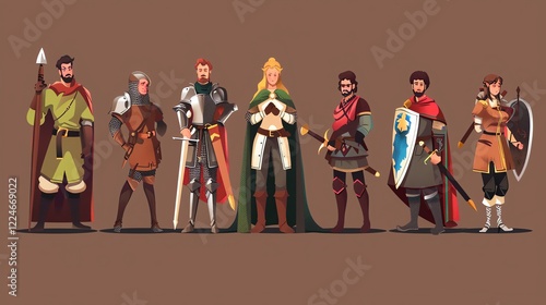 A group of medieval fantasy characters,  wearing various armor and holding weapons.