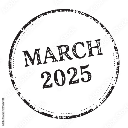 "MARCH 2025" text stamp print. white background black drawing