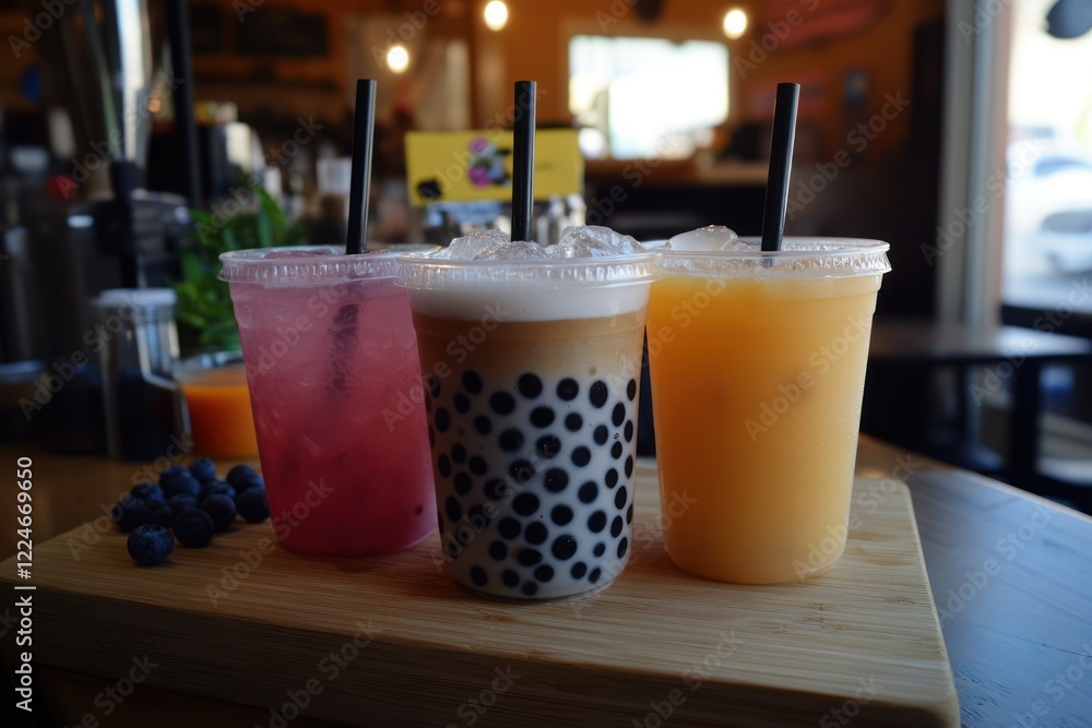 Three refreshing drinks cafe, boba tea, juice, summer Three refreshing drinks cafe, boba tea, juice, summer