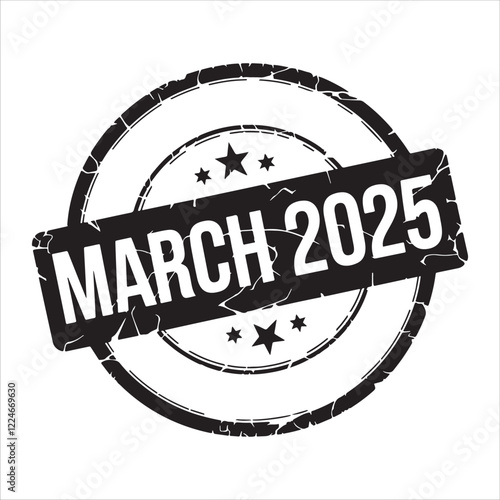 "MARCH 2025" text stamp print. white background black drawing