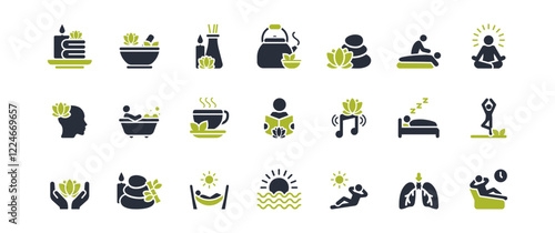 A curated collection of vector icons representing relaxation, yoga, meditation, spa treatments, and natures calm. Perfect for inspiring selfcare themes and enhancing wellness projects