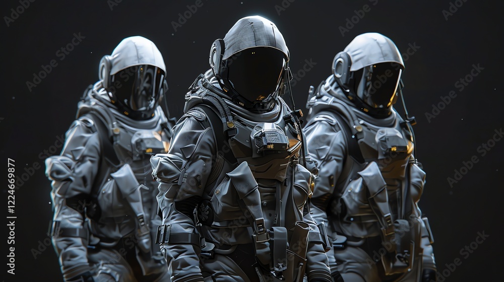 Fototapeta premium Three astronauts in futuristic space suits.