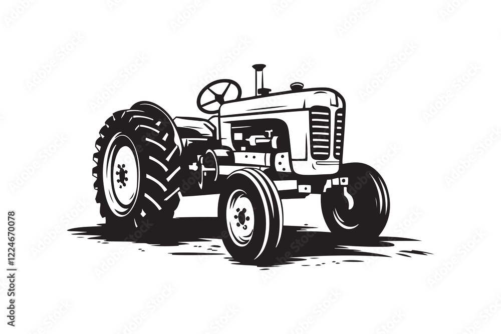 Hand drawn tractor silhouette. Monochrome white background