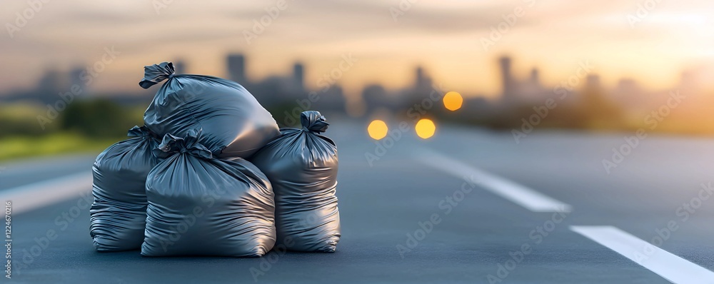 Obraz premium Urban neglect at dusk: A pile of garbage bags sits forlornly on a city street, a stark contrast to the blurred cityscape in the background.