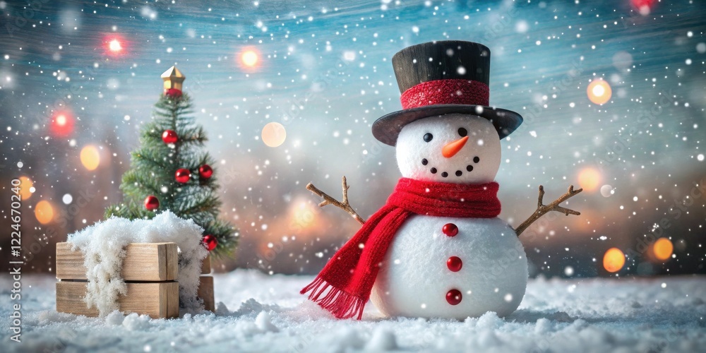Fototapeta premium A Festive Snowman with a Top Hat and Red Scarf near a Small Christmas Tree in a Snowy Winter Scene