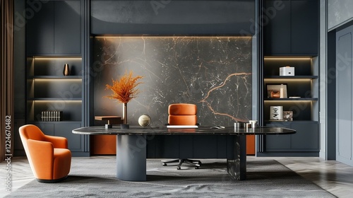 Modern office with orange accents, marble wall, black desk, and well-organized shelves, creating sophistication