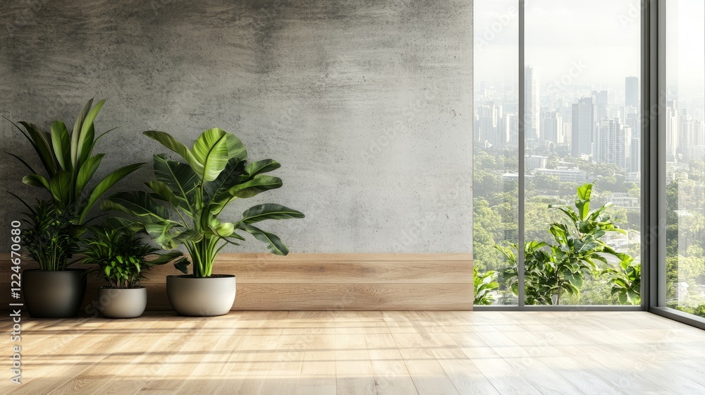 Contemporary loft space with concrete walls, a rustic wooden plank accent, parquet floors, and plants near a large panoramic window with city views. Contemporary loft space with concrete walls, a rustic wooden plank accent, parquet floors, and plants near a large panoramic window with city views.