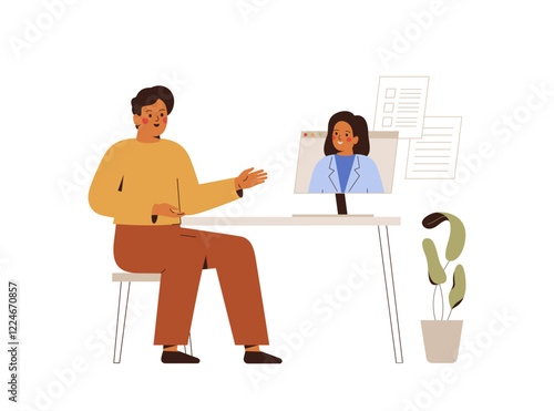 online medical appointment or Telemedicine. Man talking to doctor have video call from home. Therapist, general practitioner remote consultation with young male, recommendation and receipts