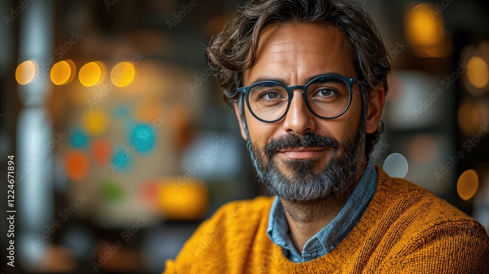 Portrait of a Man with Beard and Glasses in Yellow Sweater Portrait of a Man with Beard and Glasses in Yellow Sweater