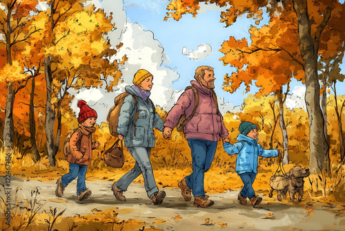 Happy Cartoon Family Walking in the Park photo