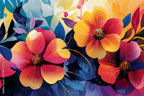 Wallpaper Mural Vibrant floral illustration featuring colorful flowers and lush foliage against a dynamic background Torontodigital.ca