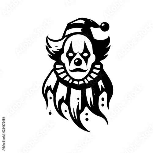 Eerie Clown: A haunting black and white illustration of a clown's face, with exaggerated features and a sinister smile, evoking feelings of unease and mystery.  