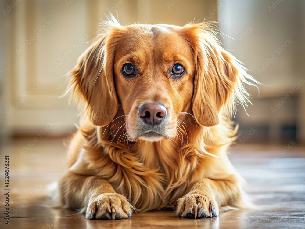 Golden Spaniel Mix Dog Relaxing on Hardwood Floor - Adorable Puppy Portrait Golden Spaniel Mix Dog Relaxing on Hardwood Floor - Adorable Puppy Portrait