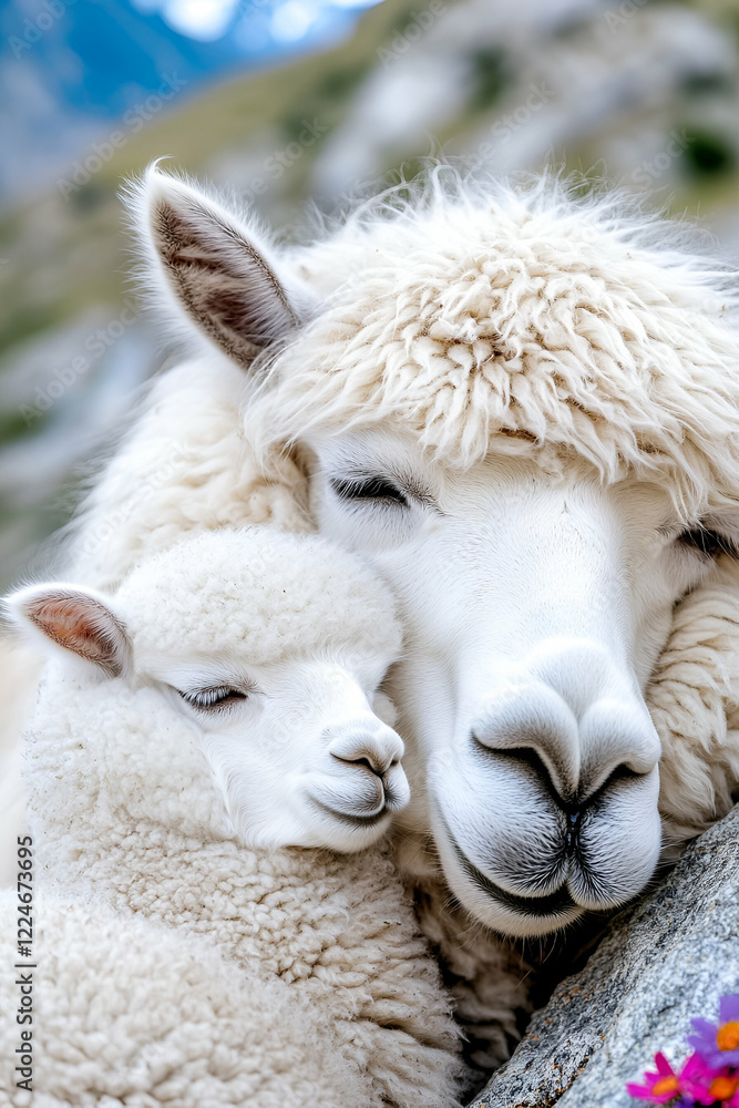 A gentle white llama and its fluffy cria snuggle close together in a serene outdoor setting, showcasing their bond and warmth.