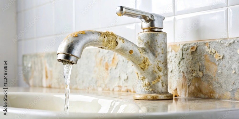 A corroded faucet with mineral deposits and water flowing into a basin, showing signs of neglect and potential plumbing issues.