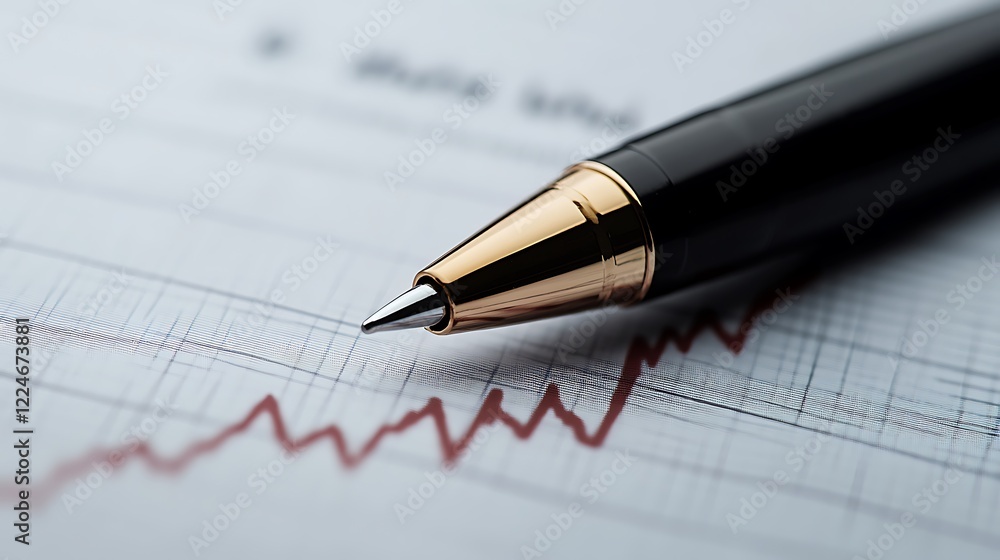Close-up of pen on financial graph showing upward trend. Close-up of pen on financial graph showing upward trend.
