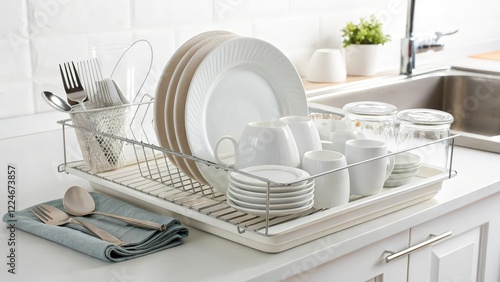 Dish Drying Rack with Clean Dishes and Utensils photo