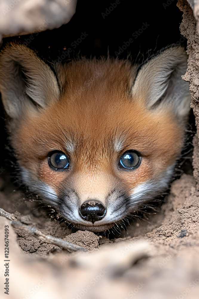Obraz premium A cute red fox peeks out from a burrow, showcasing its bright eyes and soft fur in a natural setting.