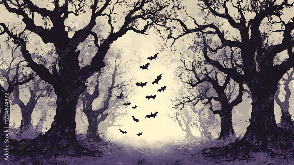 Fototapeta premium Spooky silhouettes of gnarled trees frame a flight of bats soaring towards an ethereal glow. AI Generated