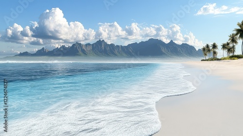 Serene tropical beach with gentle waves lapping at the shore and majestic mountains in the background
