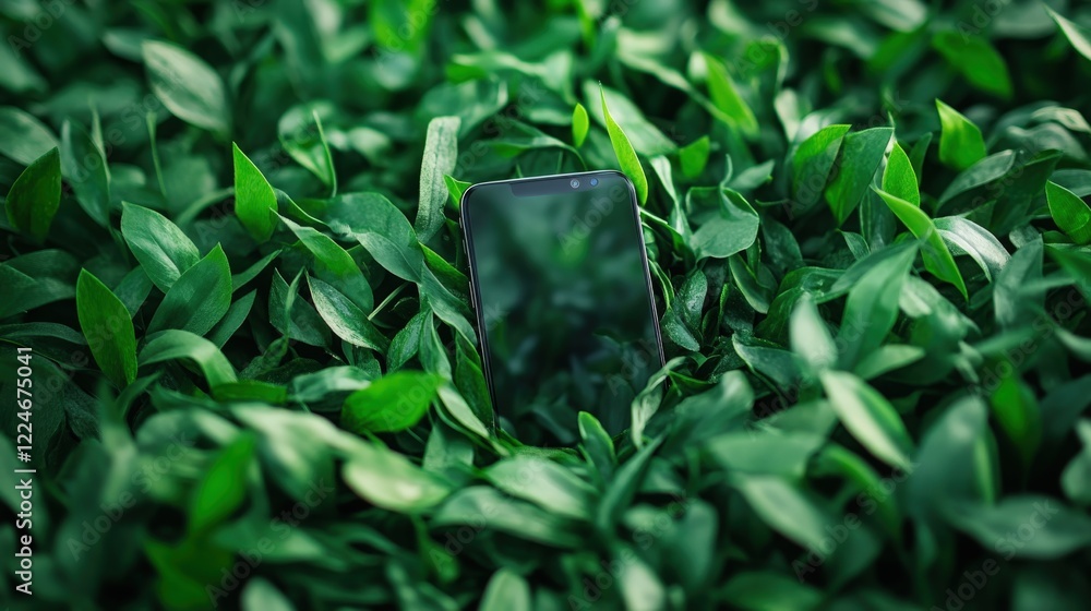 Fototapeta premium Smartphone half-buried in lush green grass symbolizes disconnect from technology