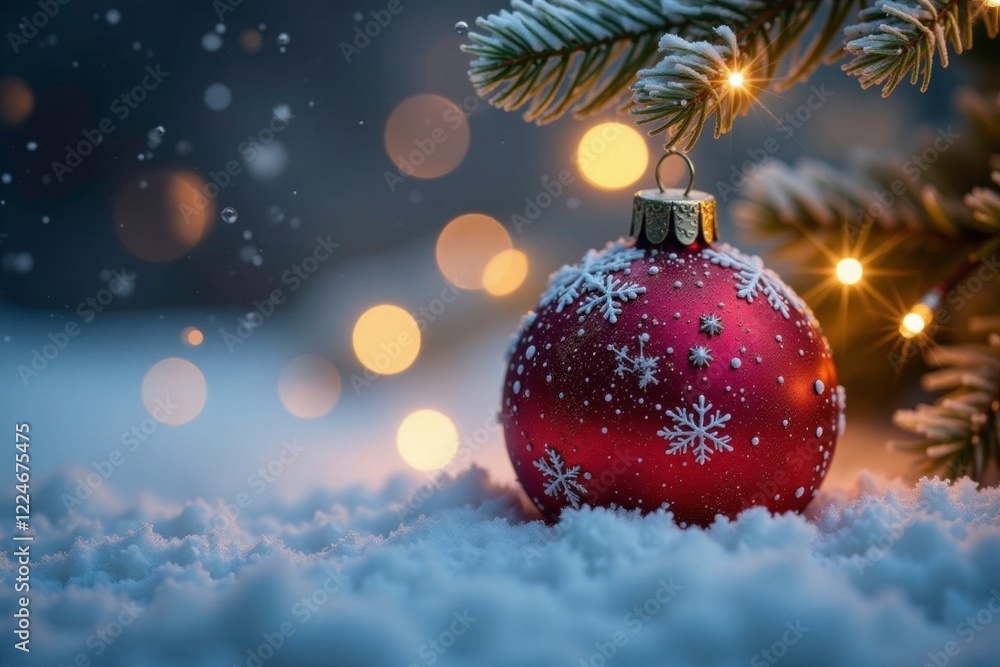 Sparkling snowflakes gently fall around the ornament, serene, icy, ornaments Sparkling snowflakes gently fall around the ornament, serene, icy, ornaments