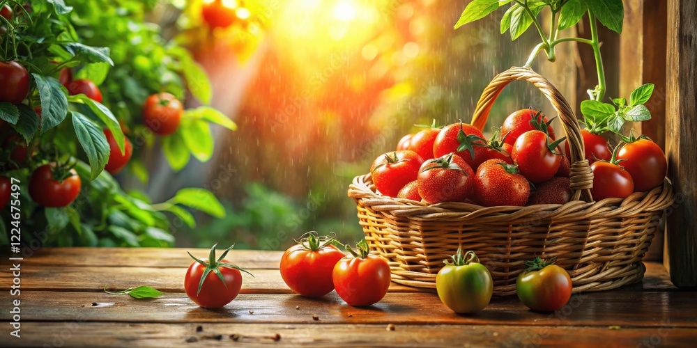 A sun-drenched harvest of ripe red tomatoes in a rustic wicker basket, nestled amongst vibrant green foliage on a weathered wooden surface. A sun-drenched harvest of ripe red tomatoes in a rustic wicker basket, nestled amongst vibrant green foliage on a weathered wooden surface.