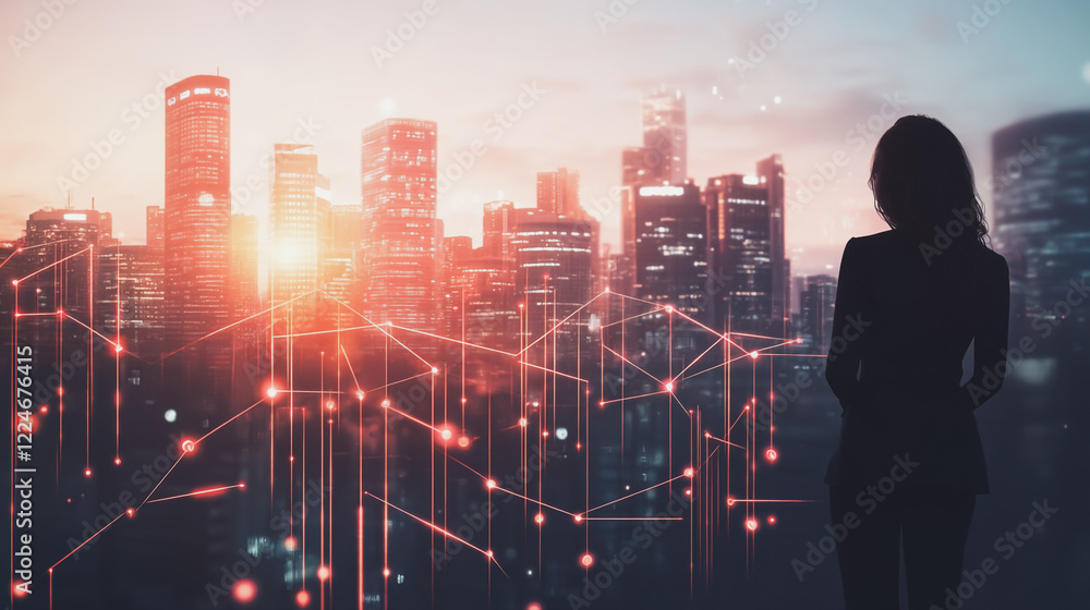Fototapeta premium Abstract business woman stands on Smart digital Innovation city with connection network reciprocity over the twilight cityscape. of future wireless digital city and social media networking systems