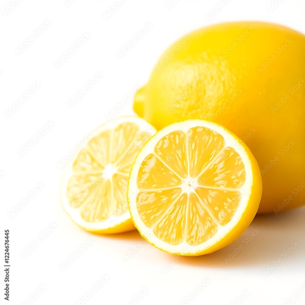 close up of lemon and lemon slices in isolated white beckground, generative ai close up of lemon and lemon slices in isolated white beckground, generative ai
