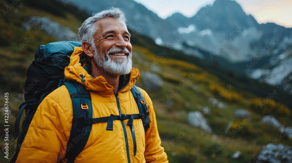 An older man with a bright smile hikes through stunning mountain terrain, surrounded by vibrant greenery and rugged peaks. The sun casts a warm glow, enhancing the beauty of the moment An older man with a bright smile hikes through stunning mountain terrain, surrounded by vibrant greenery and rugged peaks. The sun casts a warm glow, enhancing the beauty of the moment
