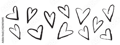 Hand drawn ink doodle hearts set. Simple hearts for valentine's day on transparent background