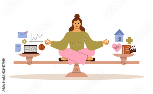 Work life balance concept. Woman  takes a harmony between job and rest on scales. Flat vector illustration.