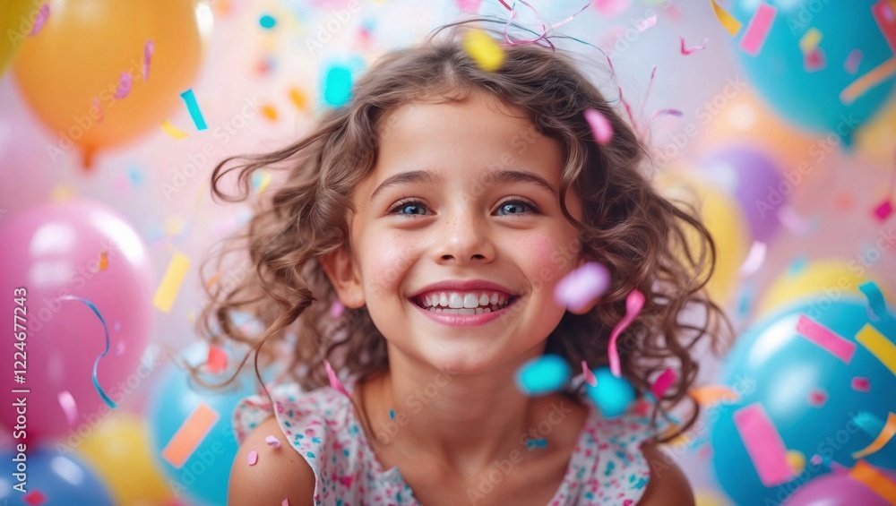 young girl with curly hair smiles brightly as colorful confetti and balloons surround her at a festive birthday celebration, radiating happiness, excitement, and youthful energy young girl with curly hair smiles brightly as colorful confetti and balloons surround her at a festive birthday celebration, radiating happiness, excitement, and youthful energy