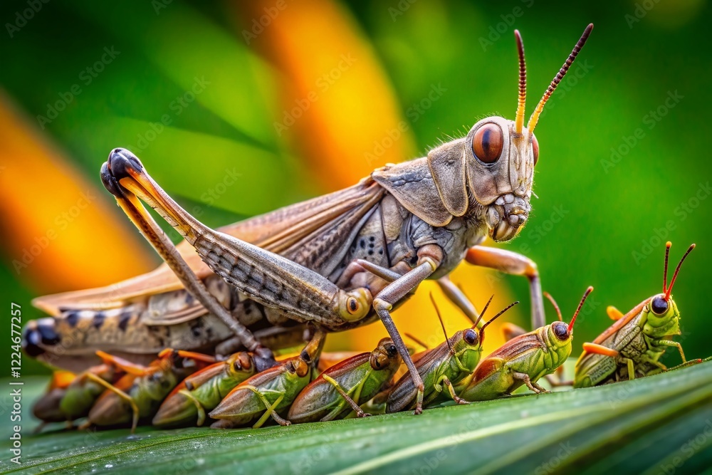 Fototapeta premium Grey Grasshopper and Young Locusts on Green Leaf - Close-Up Nature Photography