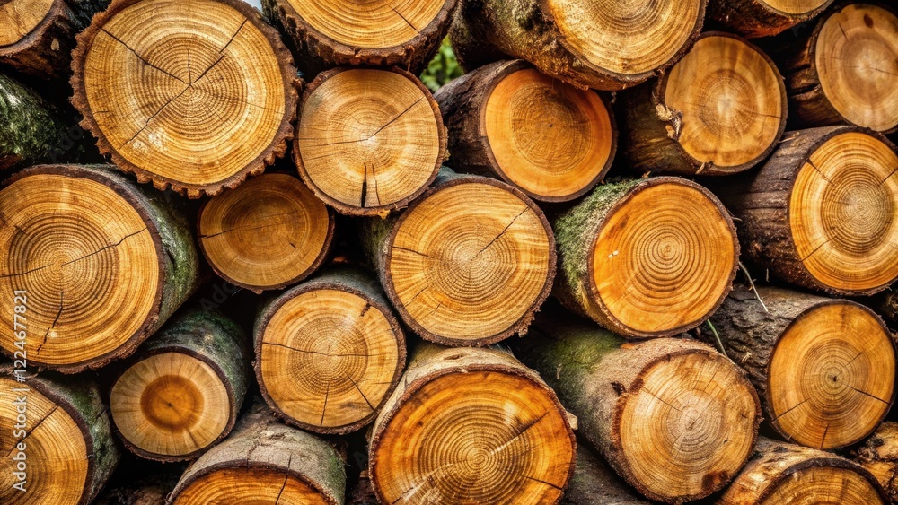 A Stack of Sawn Logs Showing Annual Growth Rings, Detailed Texture and Warm Wood Tones A Stack of Sawn Logs Showing Annual Growth Rings, Detailed Texture and Warm Wood Tones