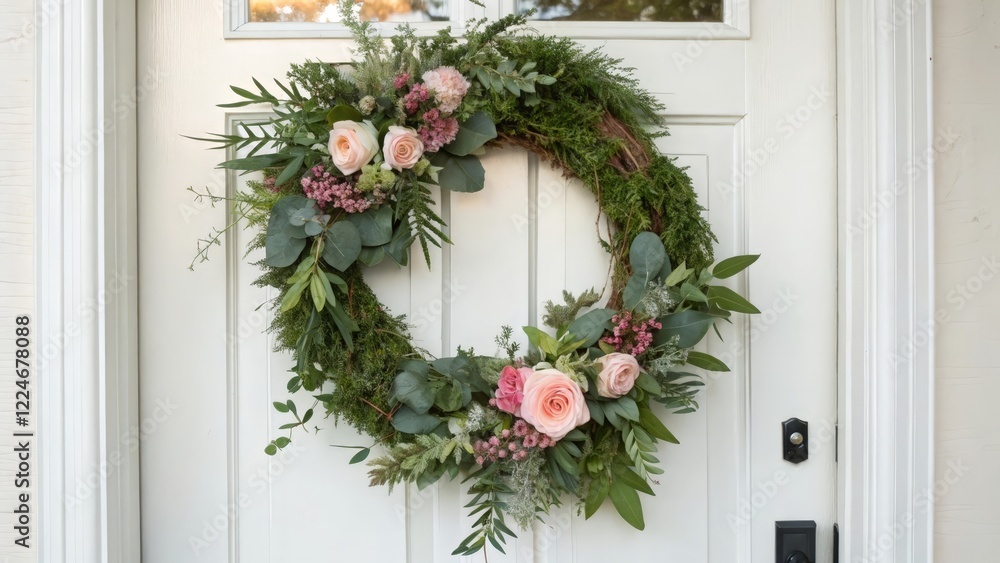 Naklejka premium Floral Wreath on White Door