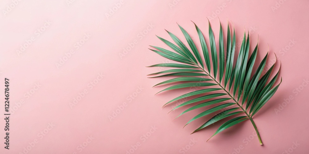 Fototapeta premium Single Tropical Palm Frond on a Pink Background, Ideal for Summer Designs and Minimalist Projects